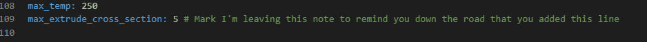 A screenshot of a code editor showing lines 108 and 109 with green text on a black background. Line 108 sets 'max_temp…