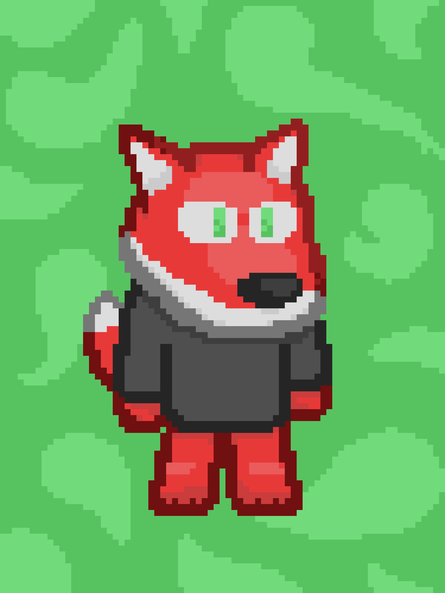 A pixel art image shows a red fox character with white-tipped ears and a white chest, wearing a dark grey vest and red…