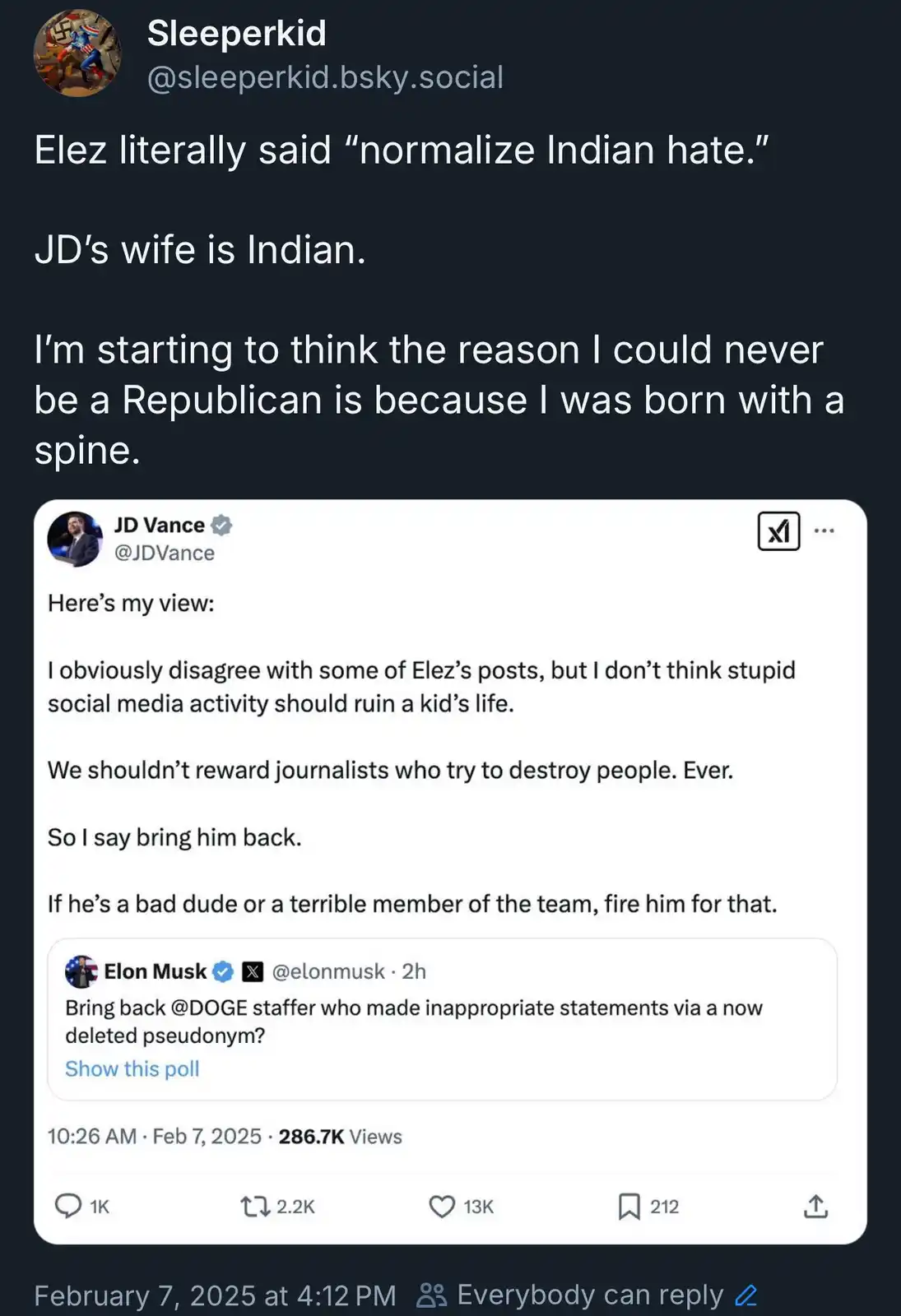 A screenshot of a social media post by 'Sleeperkid' criticizing JD Vance's tweet. The tweet, which supports bringing back a…