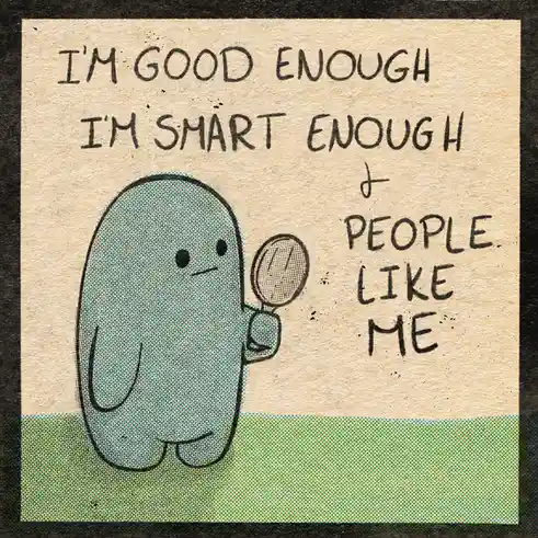 A cartoonish blue, oval-shaped character with a simple face stands on green grass, holding a magnifying glass. Above it…