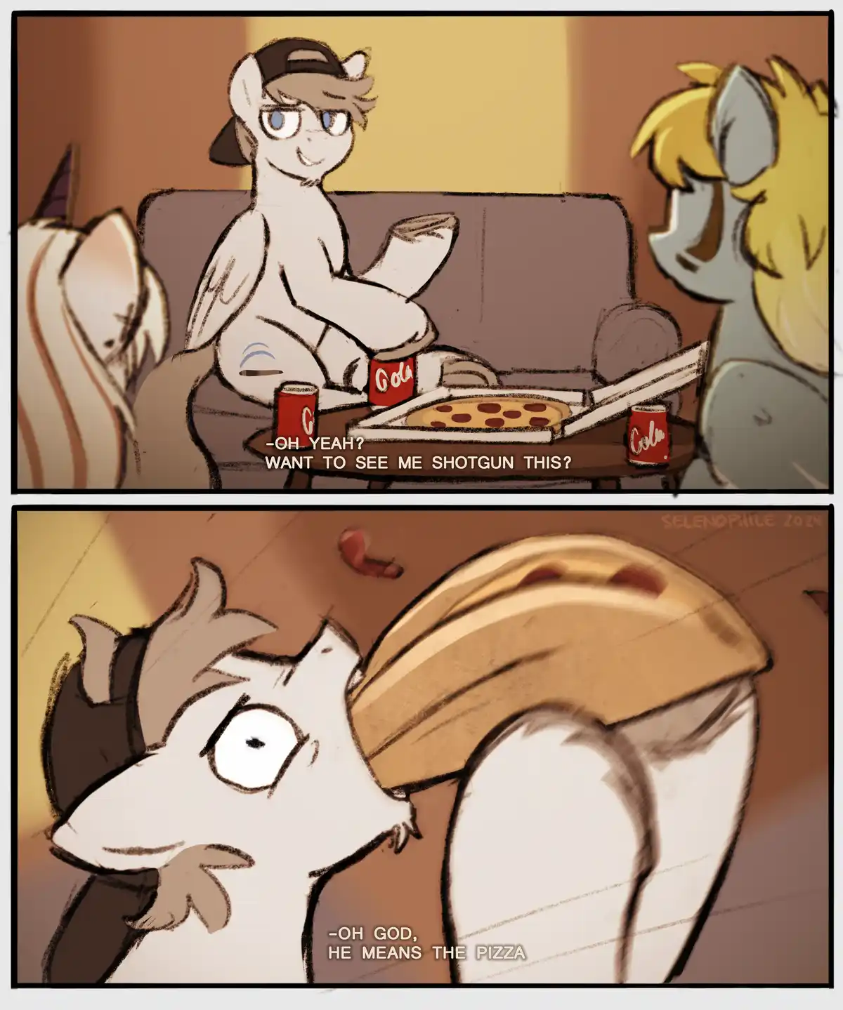 Two pony characters are sitting on a couch with a pizza box and cola cans. The first pony, wearing a cap, smugly asks if the…