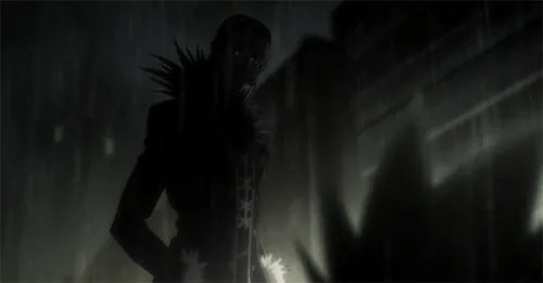 The image shows a dark, moody anime scene with a character standing in the rain, silhouetted against a gloomy urban…