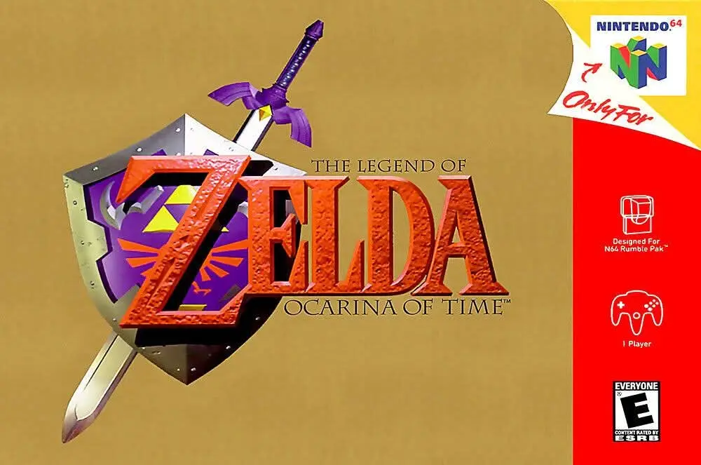The image displays the official box art for 'The Legend of Zelda: Ocarina of Time' for the Nintendo 64, featuring the iconic…