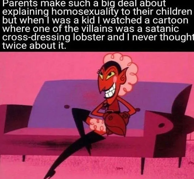 A cartoon image shows a red-skinned, devil-like character with horns and a curly white wig, sitting on a purple couch with a…