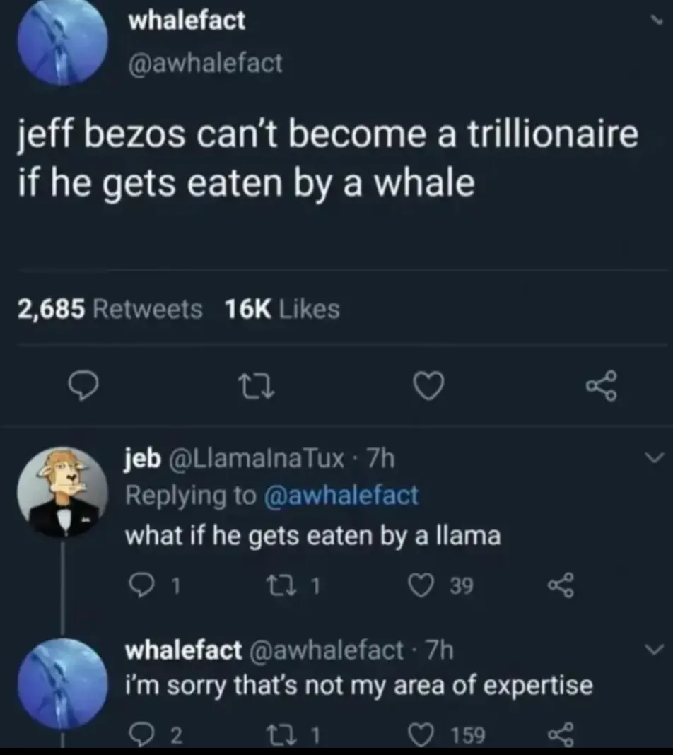 A screenshot of a Twitter thread where user 'whalefact' posts a joke that Jeff Bezos can't become a trillionaire if eaten by…