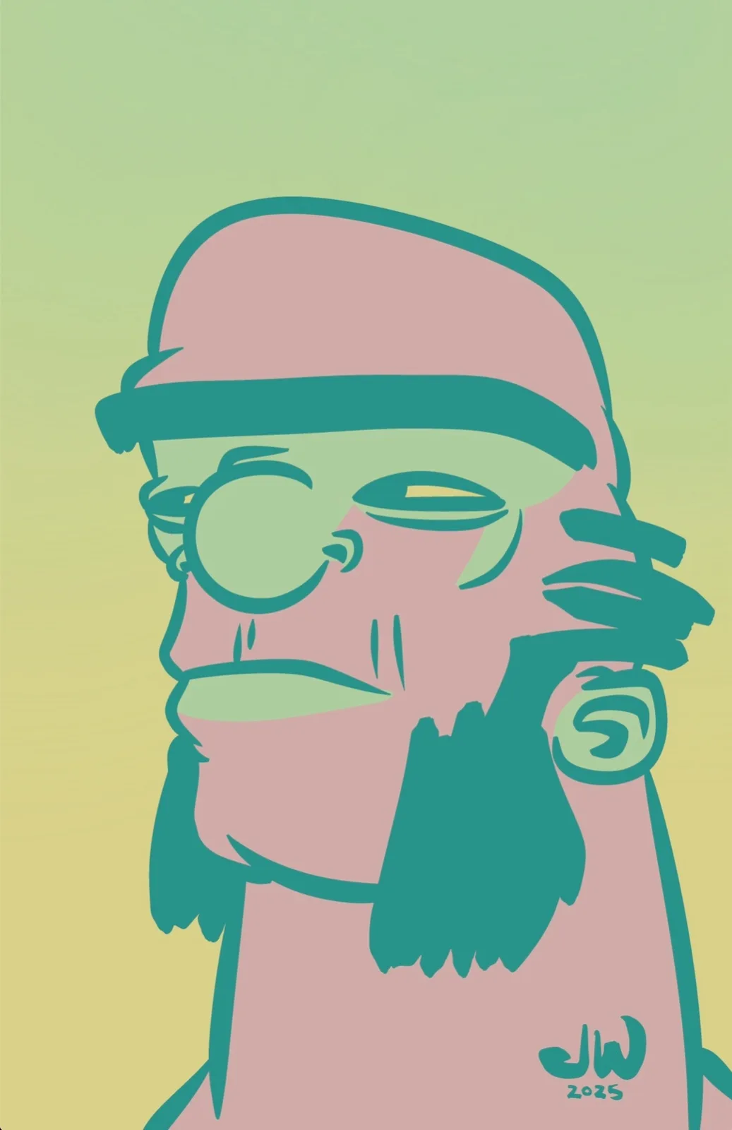 A stylized cartoon illustration of a man with a pink face, teal outline, and a pink cap, wearing round glasses and holding…