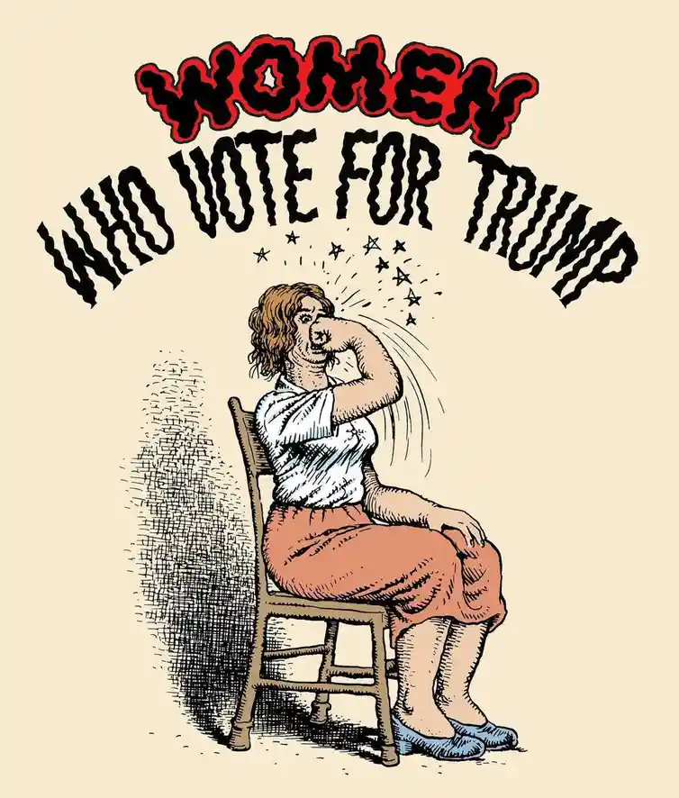 A cartoon illustration shows a woman sitting on a wooden chair, dramatically punching her own face while stars burst from…