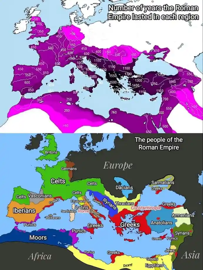 The image displays two maps of the Roman Empire. The top map uses a color gradient and numbers to show the duration of Roman…