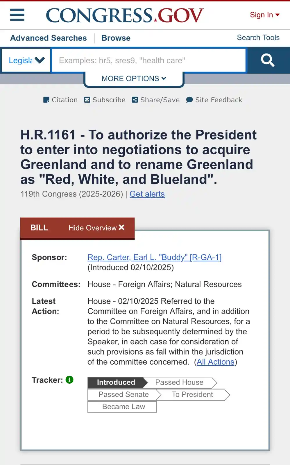 A screenshot of the congress.gov website showing bill H.R.1161, which humorously proposes to acquire Greenland and rename it…