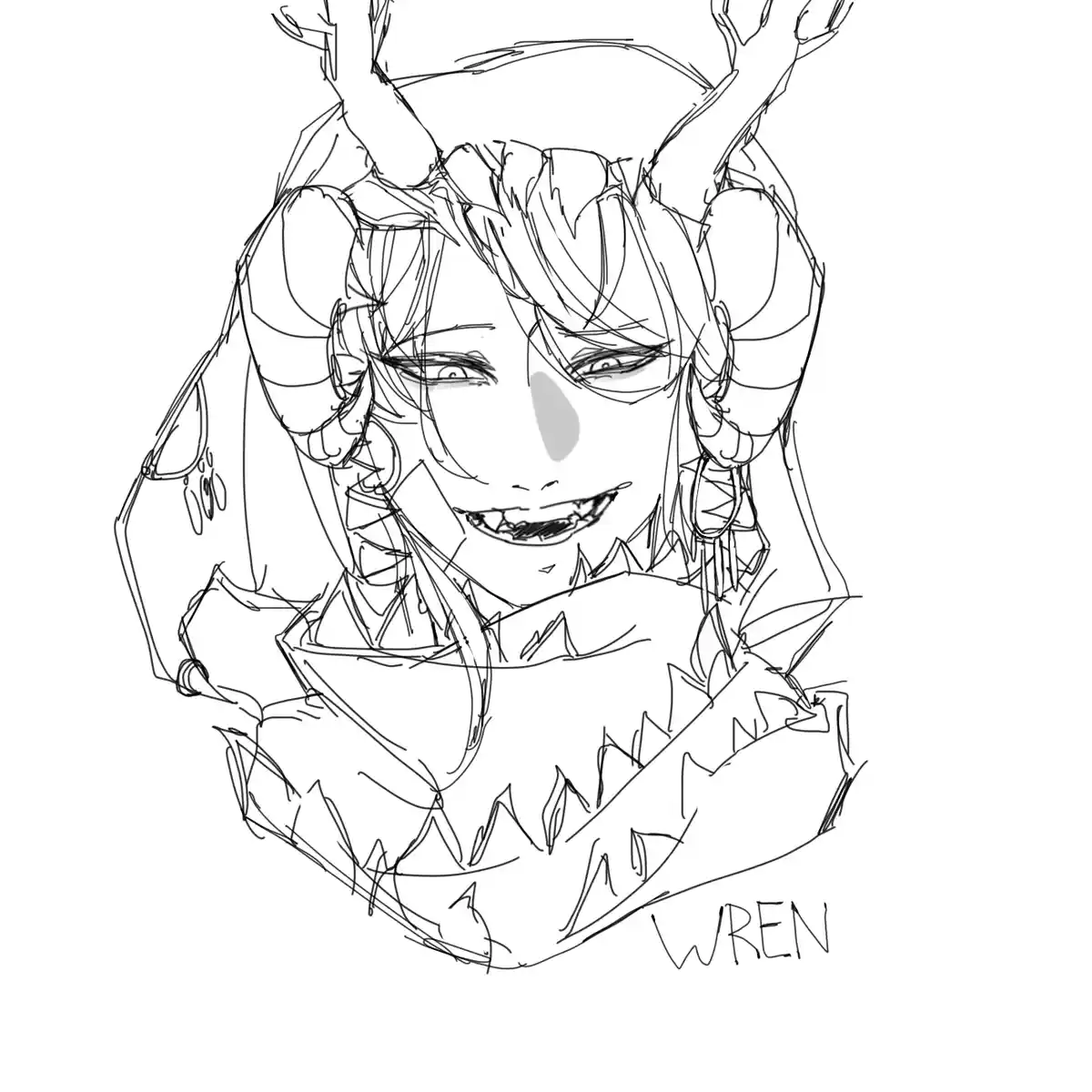 A rough black-and-white line art sketch depicts a stylized anime character with large ram-like horns, messy hair, and a…