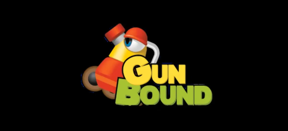 The image displays the logo for the video game 'Gun Bound,' featuring a cartoonish yellow and orange cannon with a single…