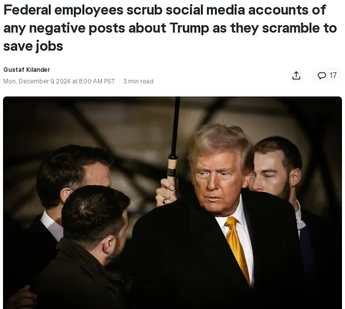 A photo shows Donald Trump in a dark coat and yellow tie, holding an umbrella, surrounded by several men in suits. The…