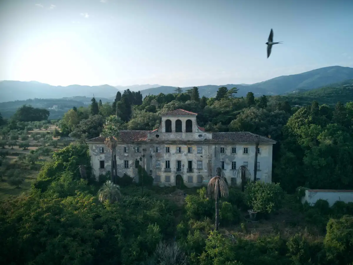An aerial view shows a large, dilapidated European-style villa surrounded by dense greenery and palm trees, with mountains…