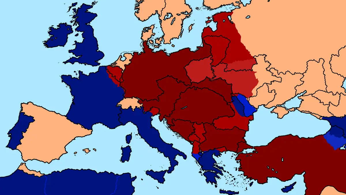 a stylized map of europe with countries colored in dark red, light orange, or dark blue. The overlaid text reads 'the red…