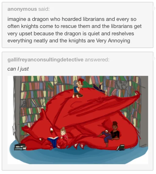 A cartoon red dragon lies curled up in a library, surrounded by bookshelves, with several librarians comfortably reading…