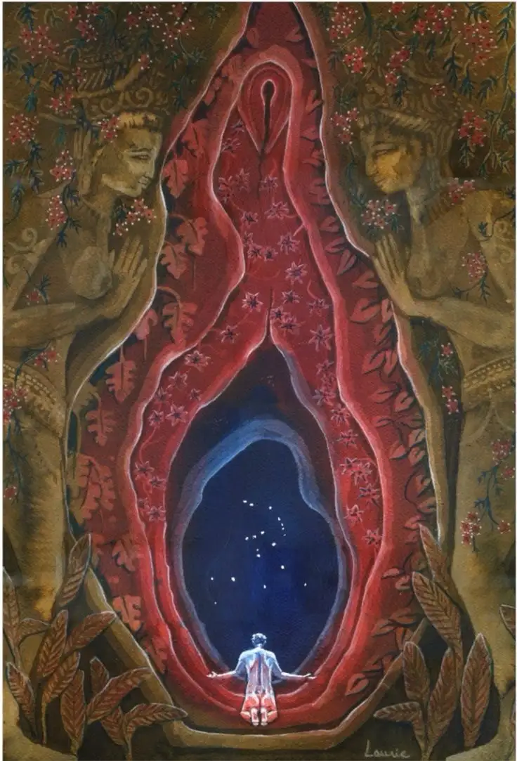 A surreal painting depicts a small figure kneeling at the entrance of a massive, red, womb-like cavern adorned with floral…