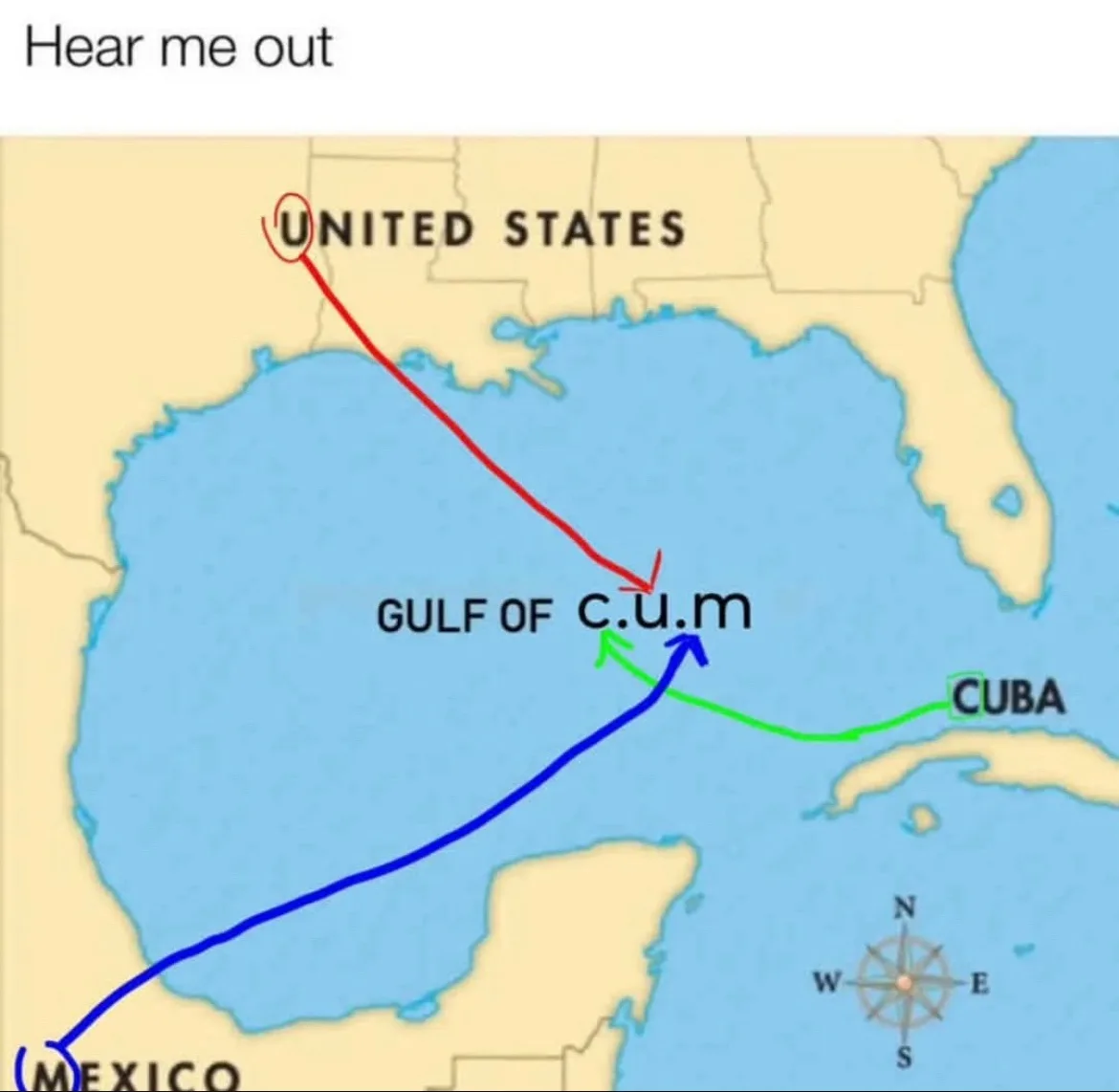 A map of the Gulf of Mexico region with three colored arrows: a red arrow from the United States to the gulf, a green arrow…