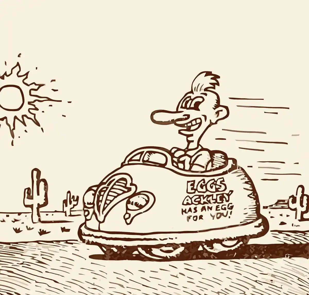 A cartoon man with a long nose drives a car shaped like a giant egg through a desert landscape with cacti and a sun. The car…