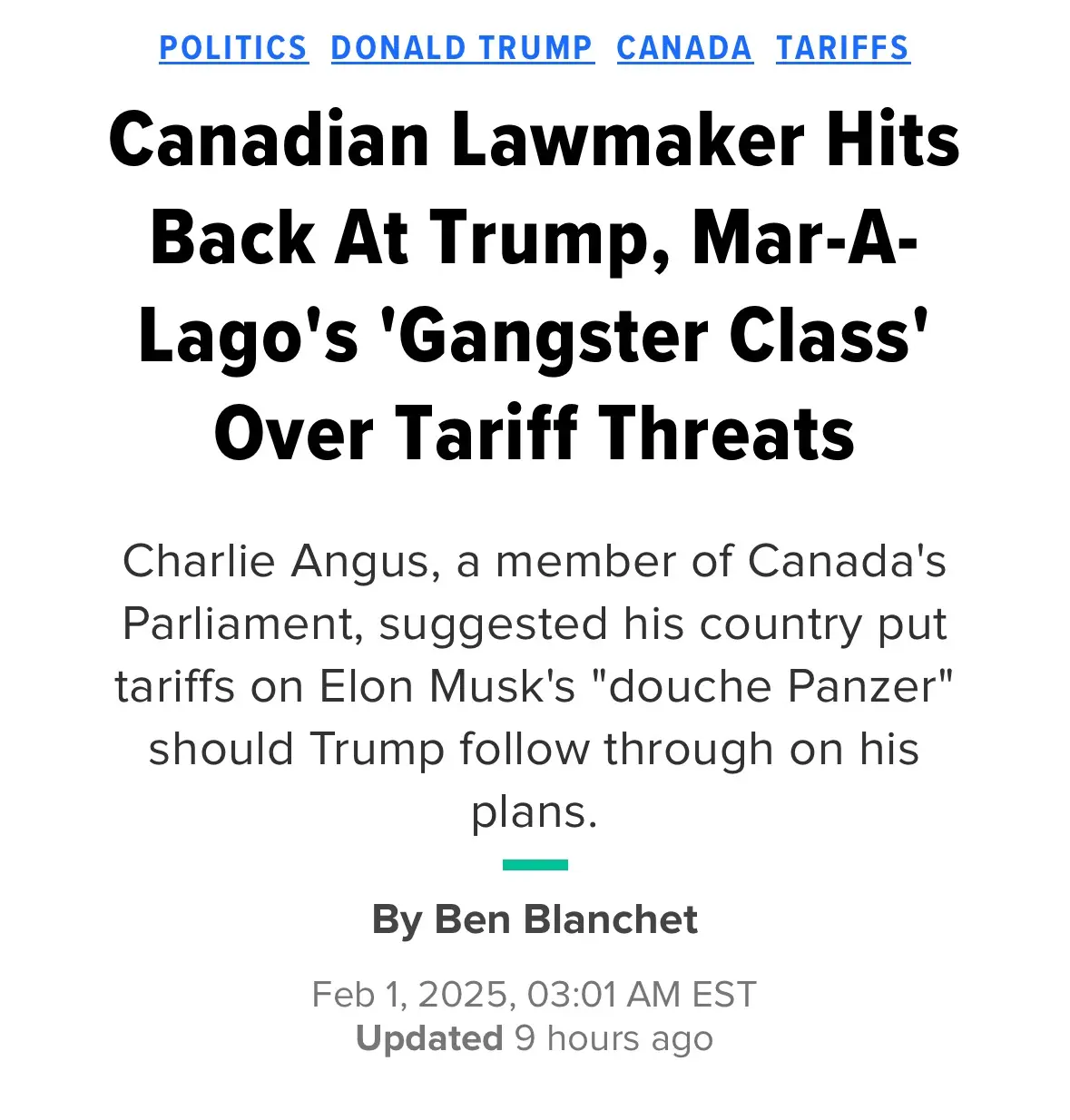 A fake news article screenshot with a headline about a Canadian lawmaker responding to Trump's tariff threats by suggesting…