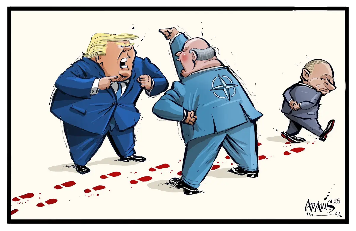 A cartoon depicts a caricature of Donald Trump yelling and pointing at a man in a blue NATO uniform who is pointing back at…