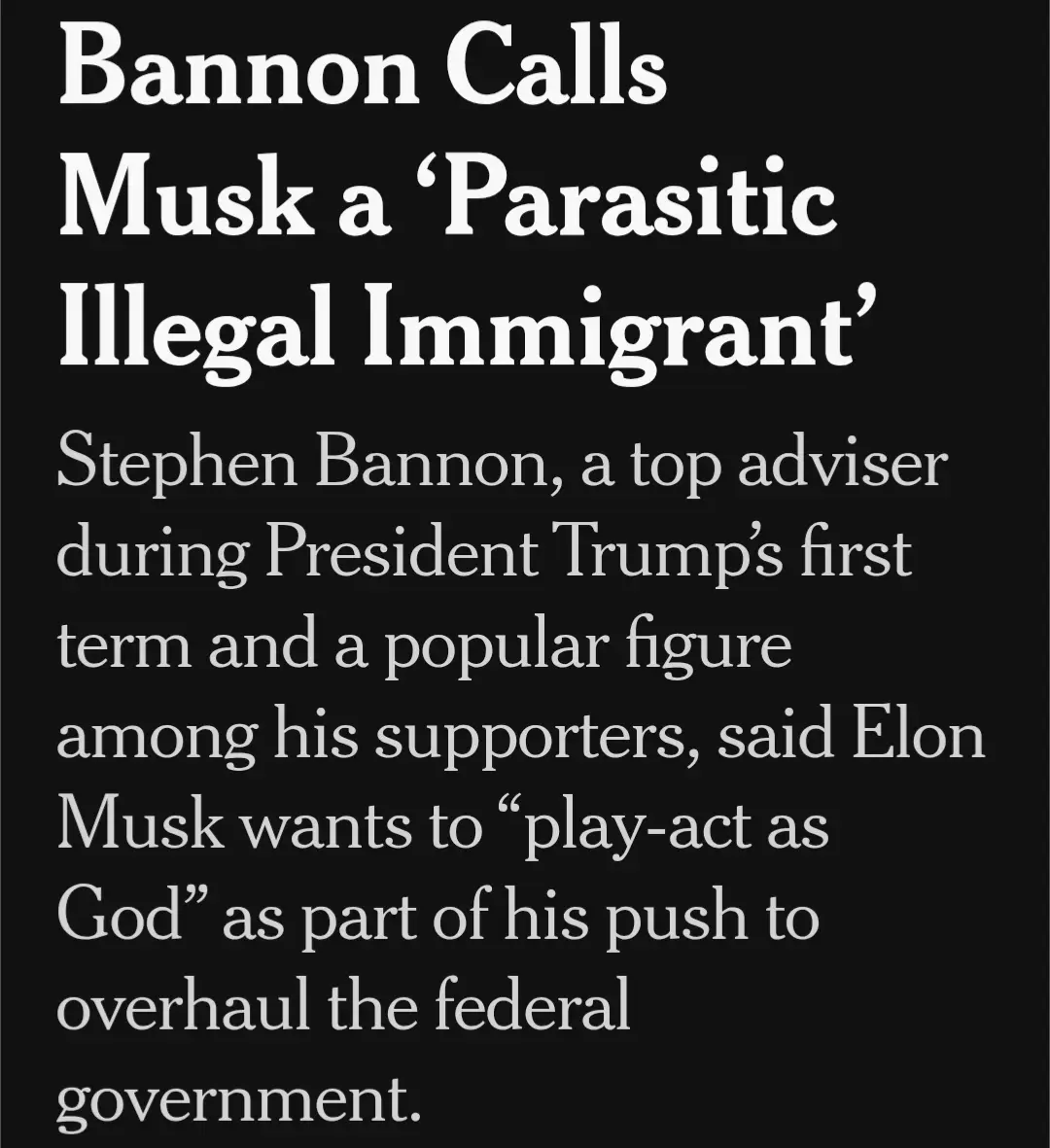 The image displays a black background with white text mimicking a news article headline. The headline reads 'Bannon Calls…