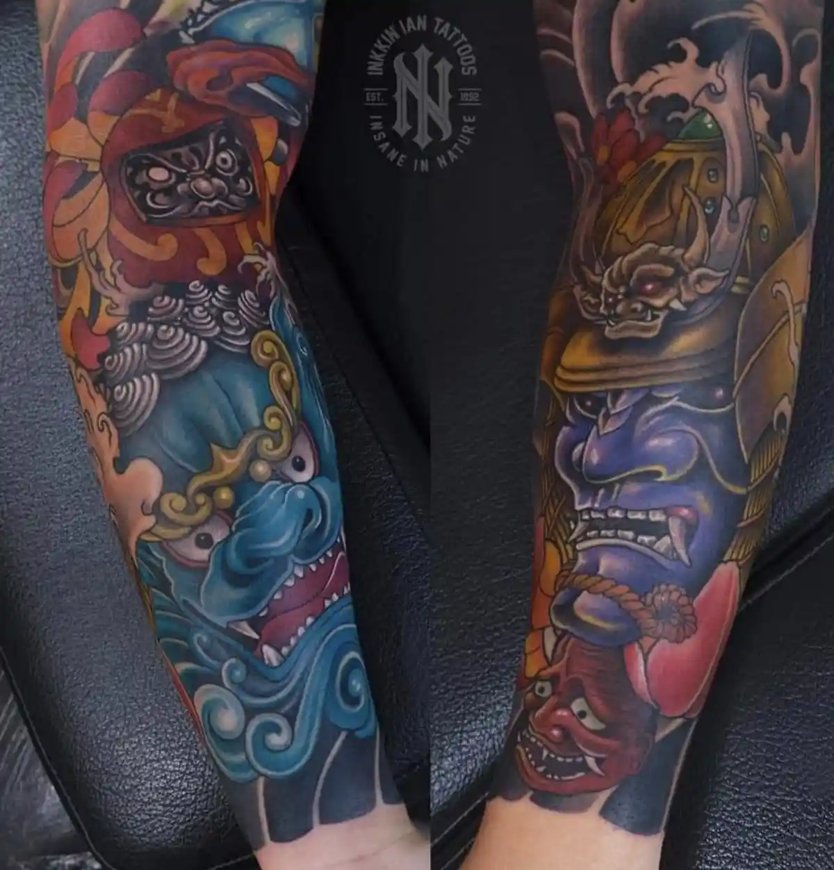 A split-image showing two tattooed forearms, each featuring elaborate Japanese-style demonic and samurai-themed tattoos with…