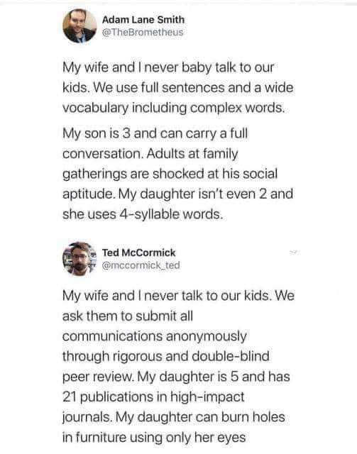 A screenshot of two Twitter posts side-by-side. The first, by Adam Lane Smith, claims his children are exceptionally…