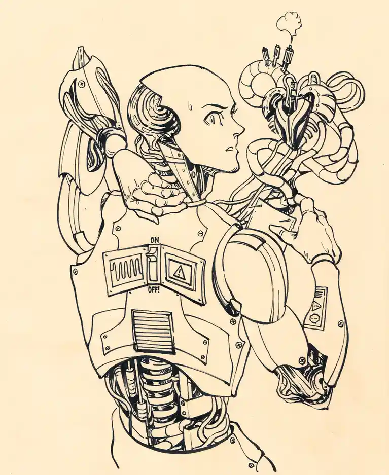 A black-and-white line drawing shows a humanoid figure with exposed mechanical internals, wearing a vest with a toggle…