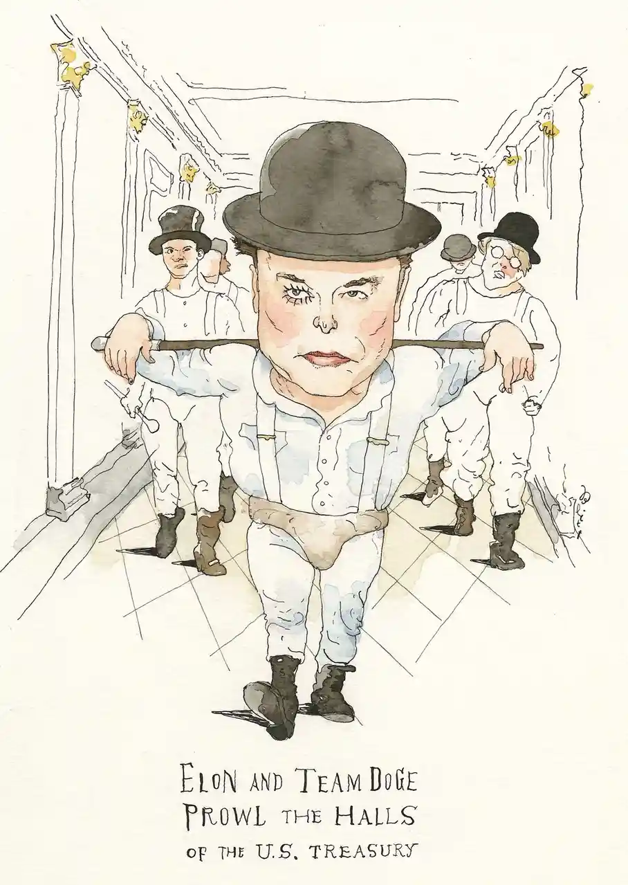 A watercolor illustration depicts a caricature of Elon Musk in a bowler hat and suspenders, walking down a hallway flanked…