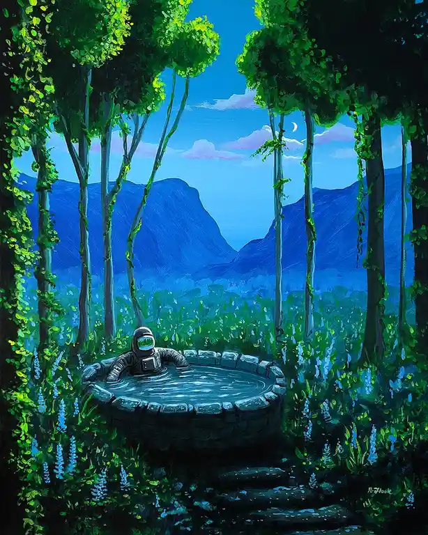 An astronaut in a spacesuit is sitting in a stone-walled pond surrounded by lush green trees and blue flowers, with a…