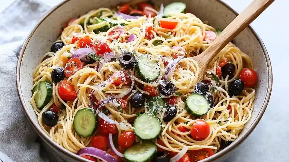 A close-up photo of a bowl of spaghetti salad with cherry tomatoes, sliced cucumbers, black olives, red onions, and grated…
