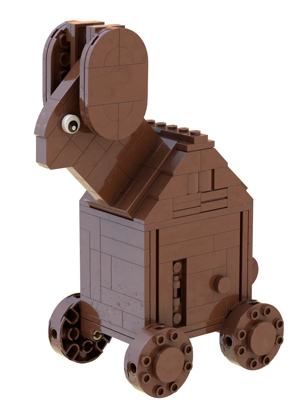 A brown Lego model of a Trojan horse with a horse head, a wooden-looking body, and four wheels, set against a plain black…