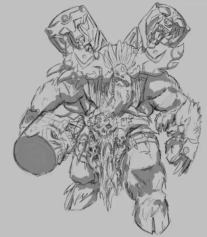 A grayscale sketch depicts a heavily armored, muscular fantasy warrior with a skull-adorned headdress and multiple skulls…