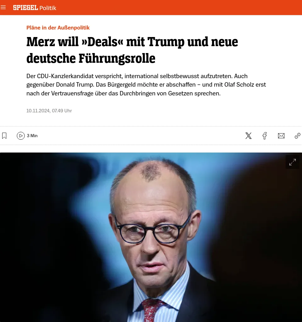 A screenshot of a SPIEGEL Politik article header featuring a close-up photo of German politician Friedrich Merz, who is…