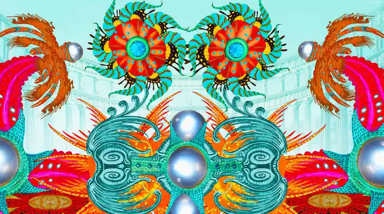 A surreal, symmetrical digital artwork featuring vibrant, ornate creatures with glowing orbs and intricate patterns against…