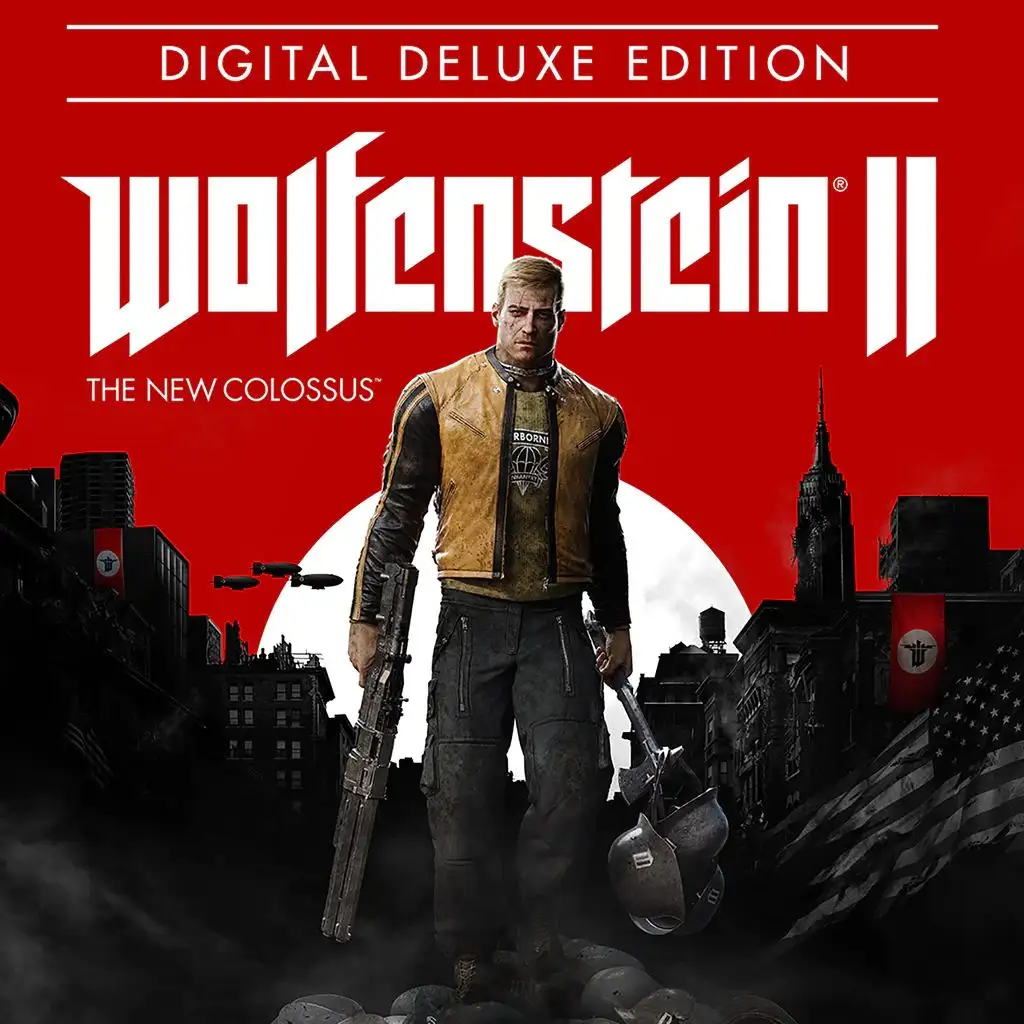 The image is the official cover art for the video game Wolfenstein II: The New Colossus, featuring the main character…