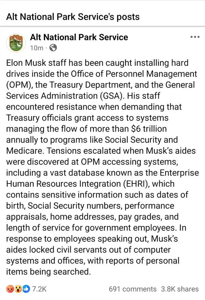 A screenshot of a social media post from 'Alt National Park Service' that falsely claims Elon Musk's staff infiltrated…
