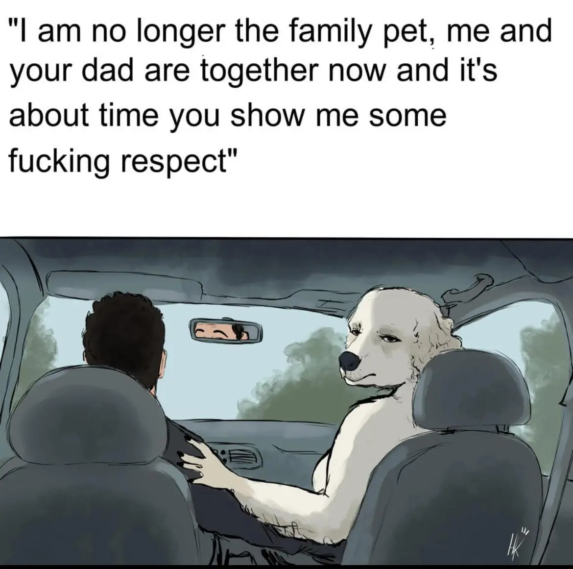 A cartoon depicts a white dog sitting in the passenger seat of a car, looking sternly at the driver, who is seen from…