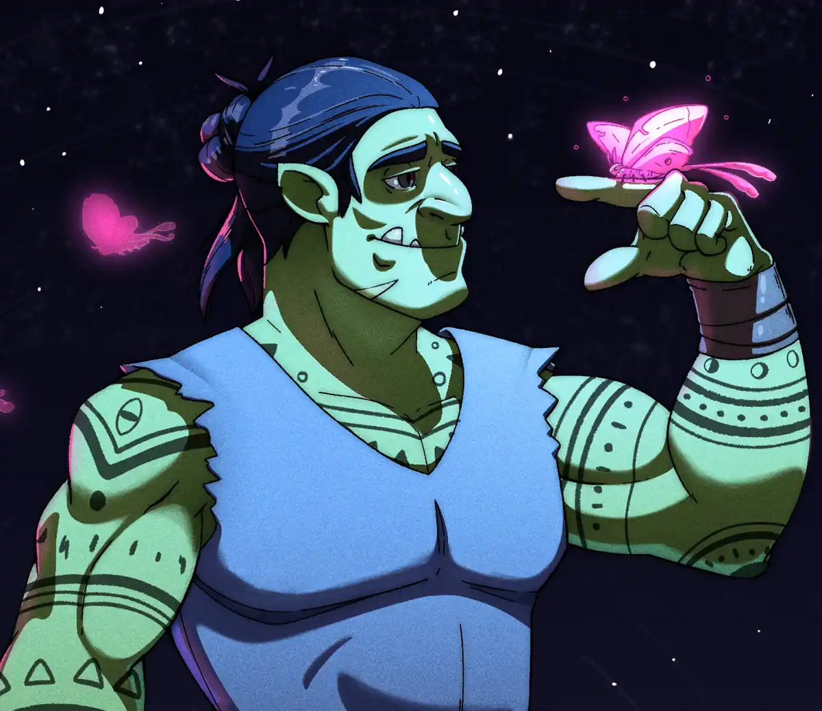 A muscular, green-skinned cartoon character with tribal tattoos and a blue headband gently holds a glowing pink butterfly on…