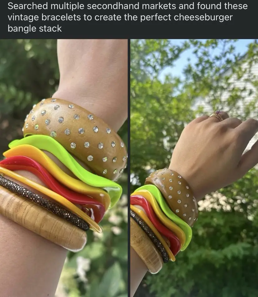 The image shows two side-by-side photos of a person's wrist adorned with a stack of bracelets designed to look like a…
