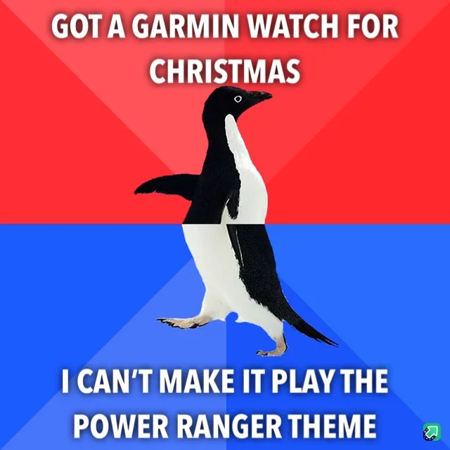 A penguin stands centered against a red and blue background, with white text at the top reading 'GOT A GARMIN WATCH FOR…