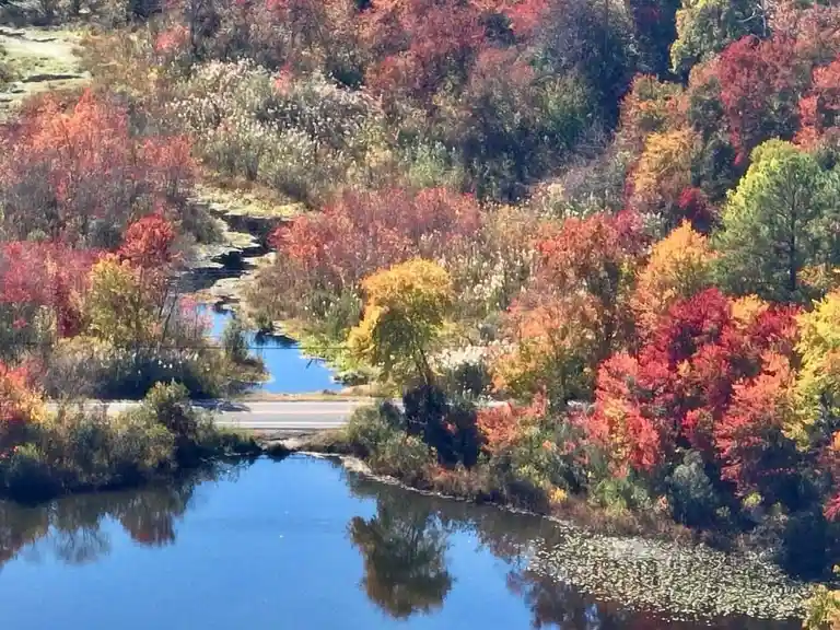 A scenic autumn landscape featuring a winding river reflecting vibrant red, orange, and yellow foliage along its banks, with…