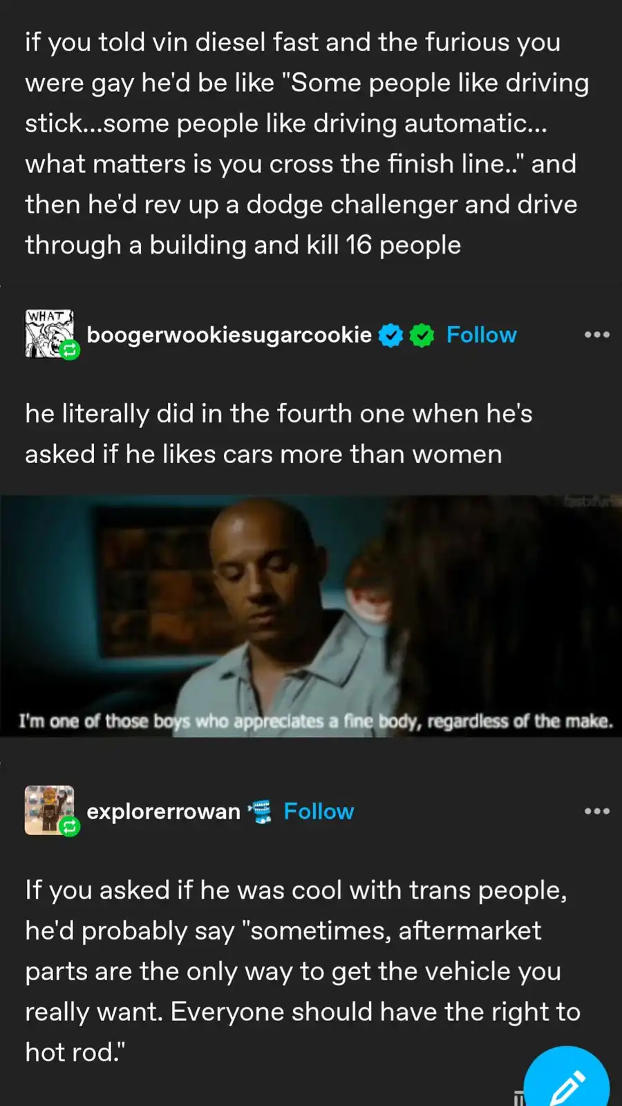 The image shows Vin Diesel in a scene from 'Fast and the Furious,' looking down with a serious expression while a woman is…