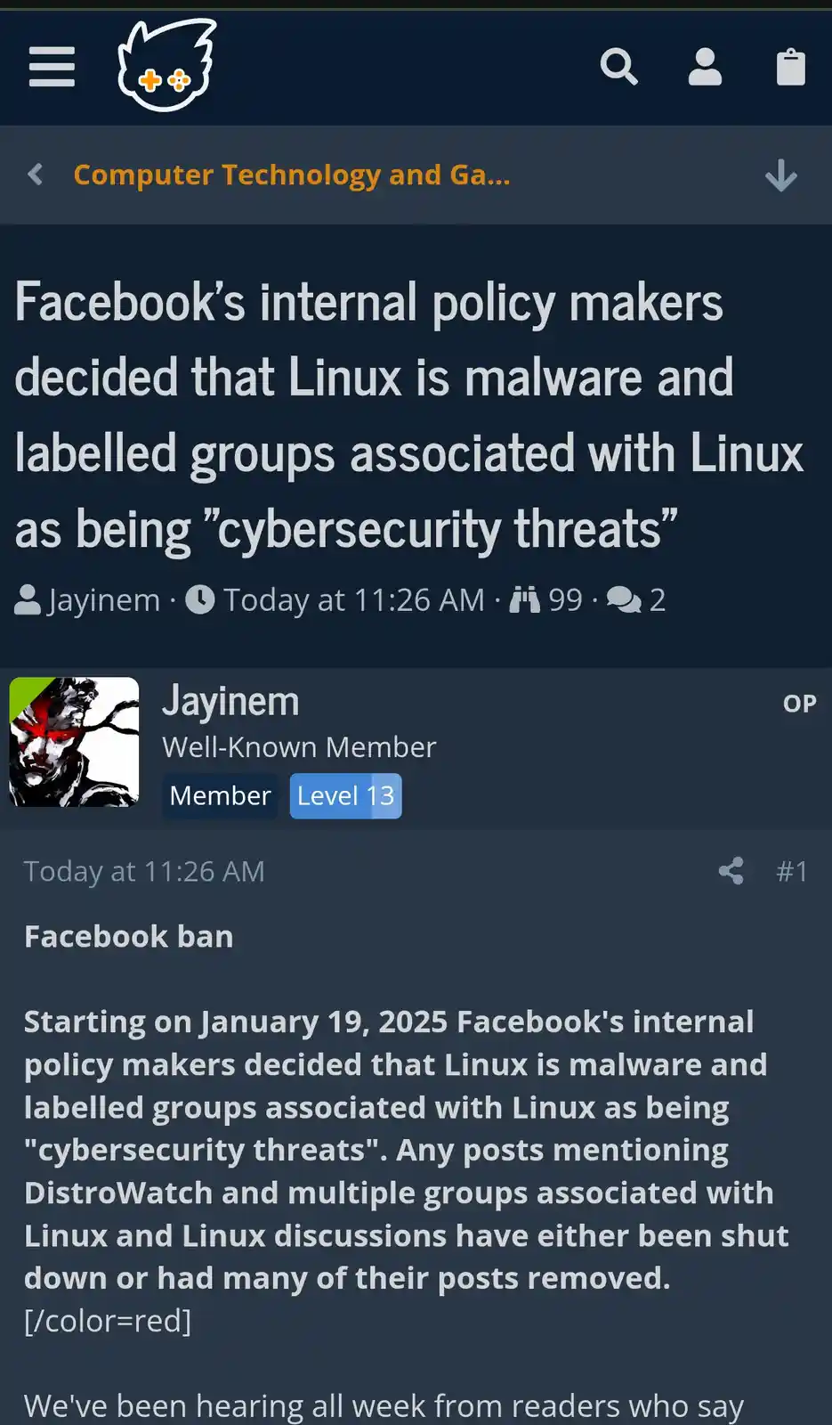 A screenshot of a forum post from a user named Jayinem, claiming that Facebook's internal policy makers labeled Linux as…