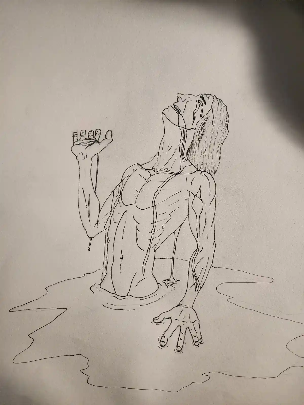 A black-and-white line drawing depicts a muscular, shirtless person kneeling in a puddle, head tilted back with eyes closed…