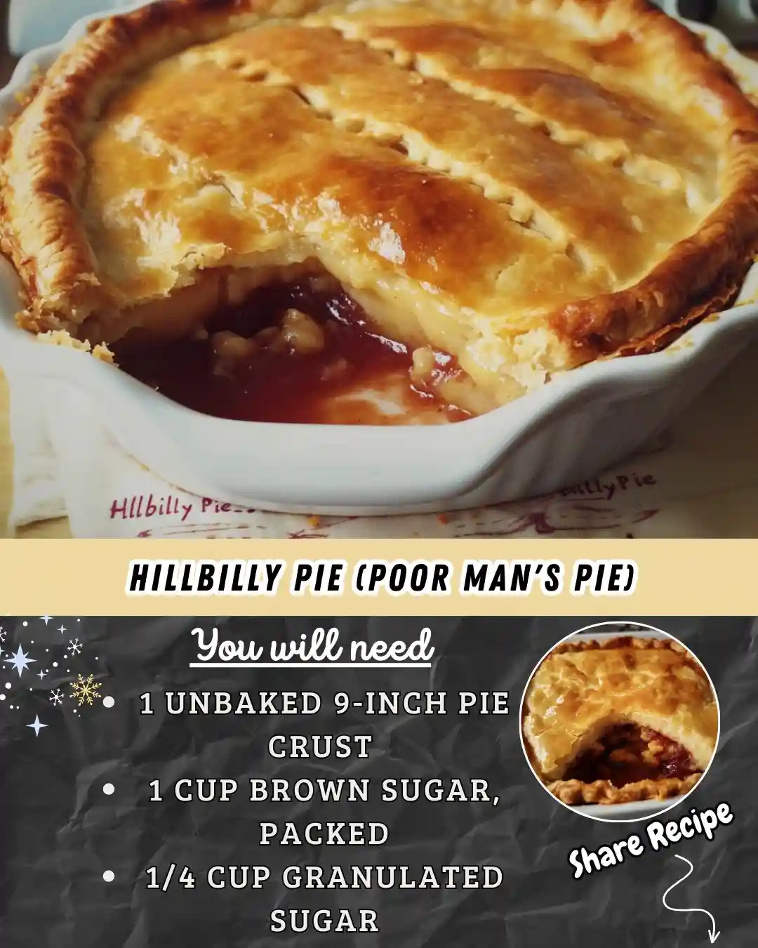 A golden-brown baked pie with a slice removed, revealing a dark fruit filling, sits in a white ceramic dish. Overlaid text…