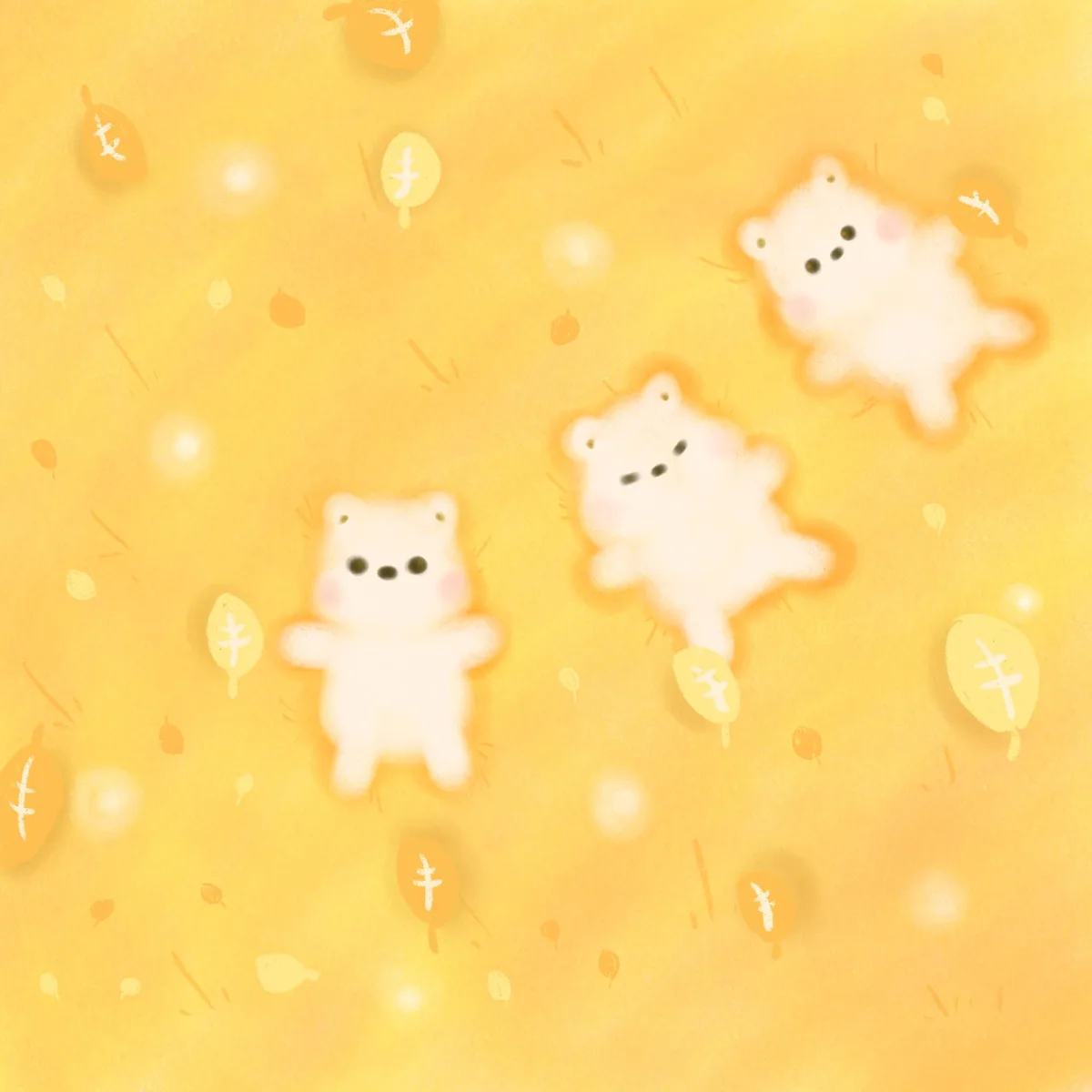 A warm yellow background features three cute, fluffy white bear-like characters floating among falling autumn leaves and…