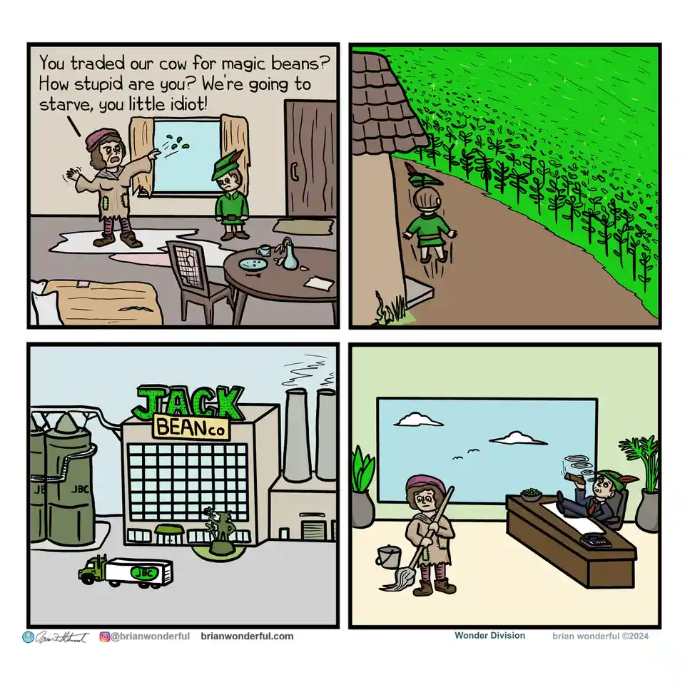 A four-panel comic depicts a classic fairy tale scenario where a woman angrily scolds a boy for trading their cow for magic…