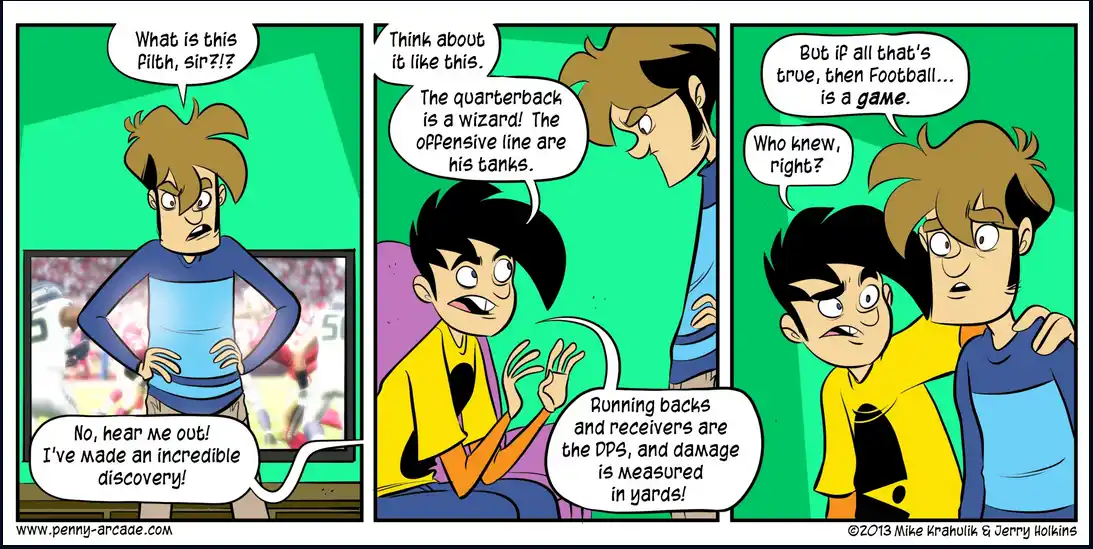 A three-panel comic strip from Penny Arcade shows a character excitedly explaining football as a fantasy game, comparing the…