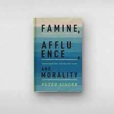 A book cover for 'Famine, Affluence, and Morality' by Peter Singer, featuring a gradient blue background with white text…